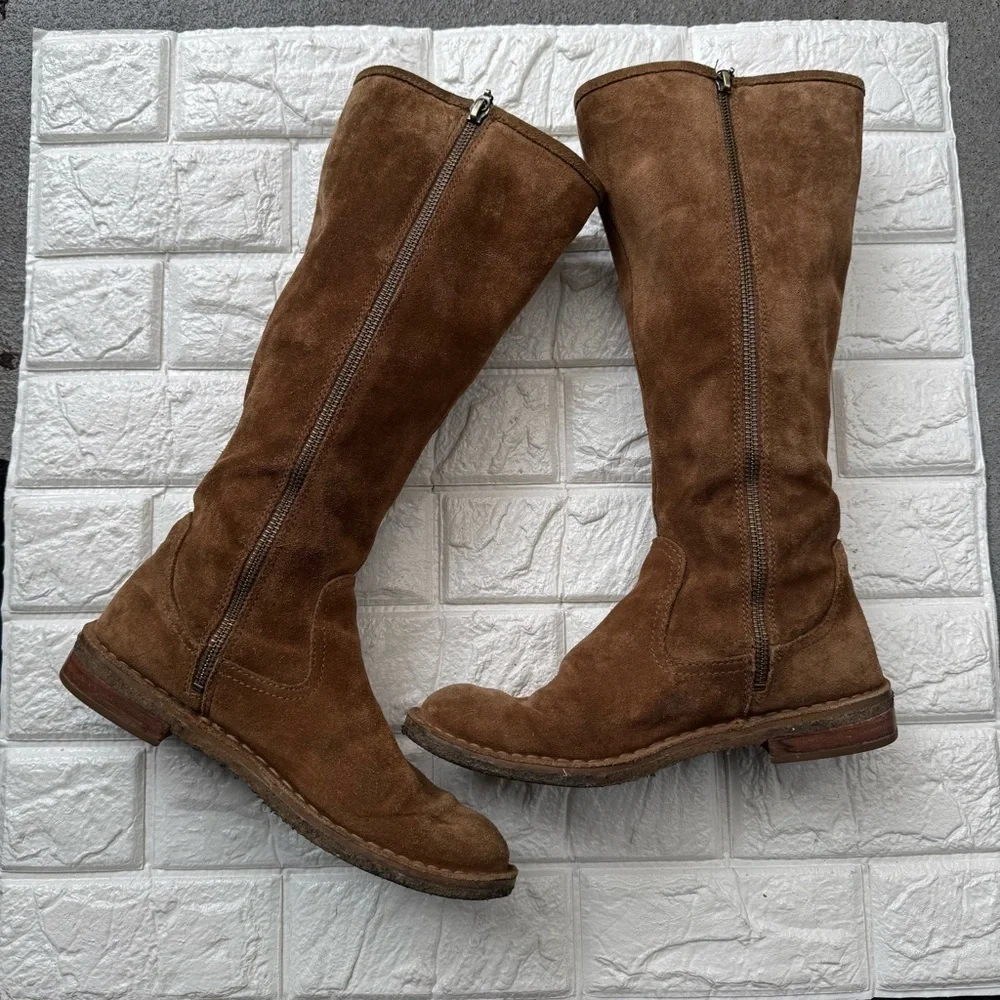 Women Ugg Boots Sz 7 Wilder Tall Brown Suede Side Zip 1008967 Stitch Australia